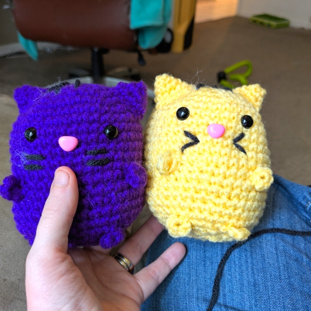 Purple and Yellow Crochet Cat Plushies
